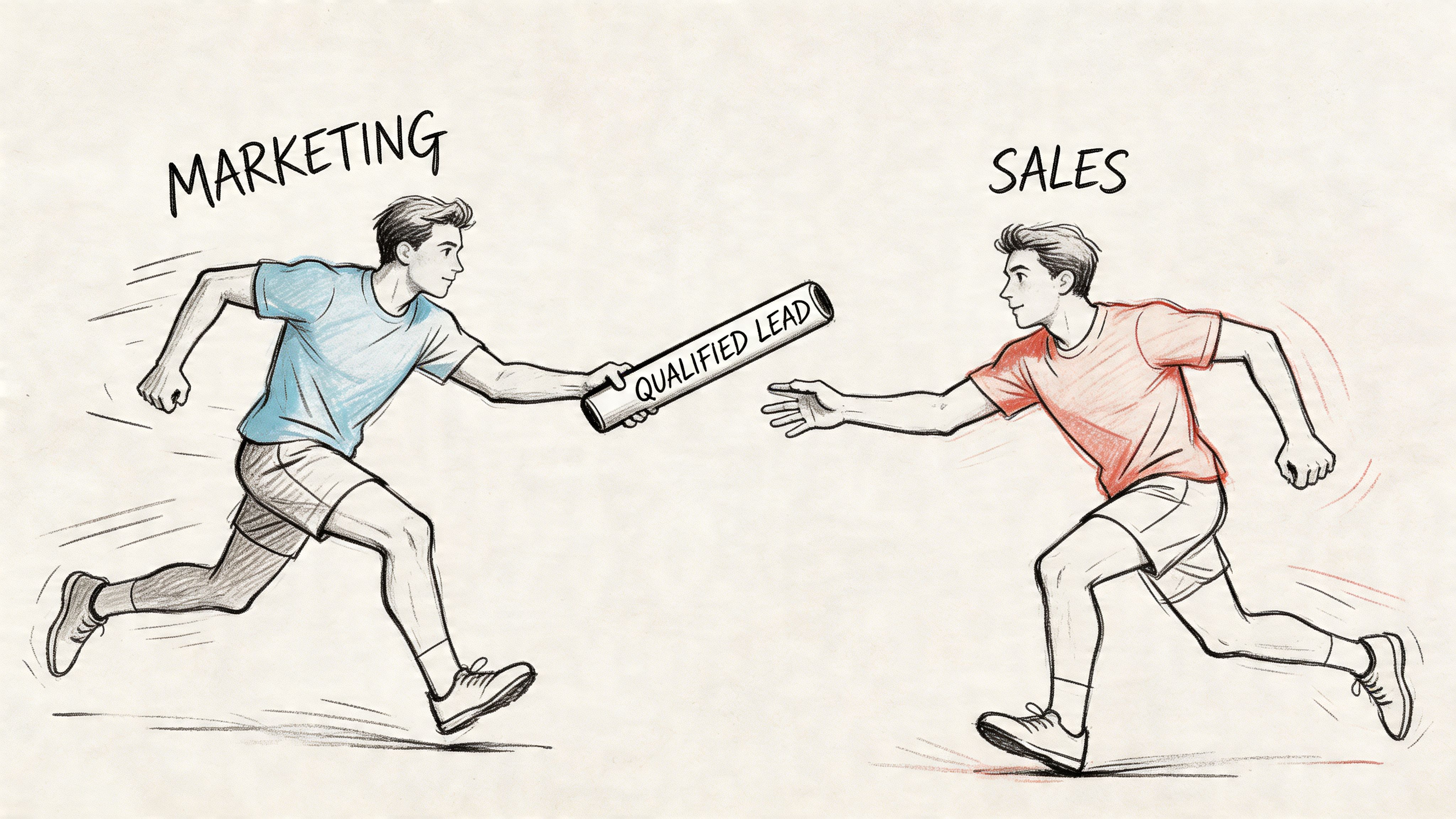 A conceptual illustration of a marketing person passing a qualified lead baton to a sales person.