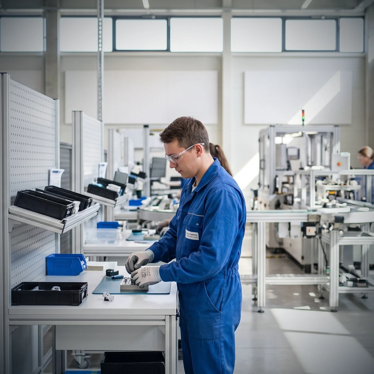 Technician working at a bench on a bright assembly floor, equipment in focus around them