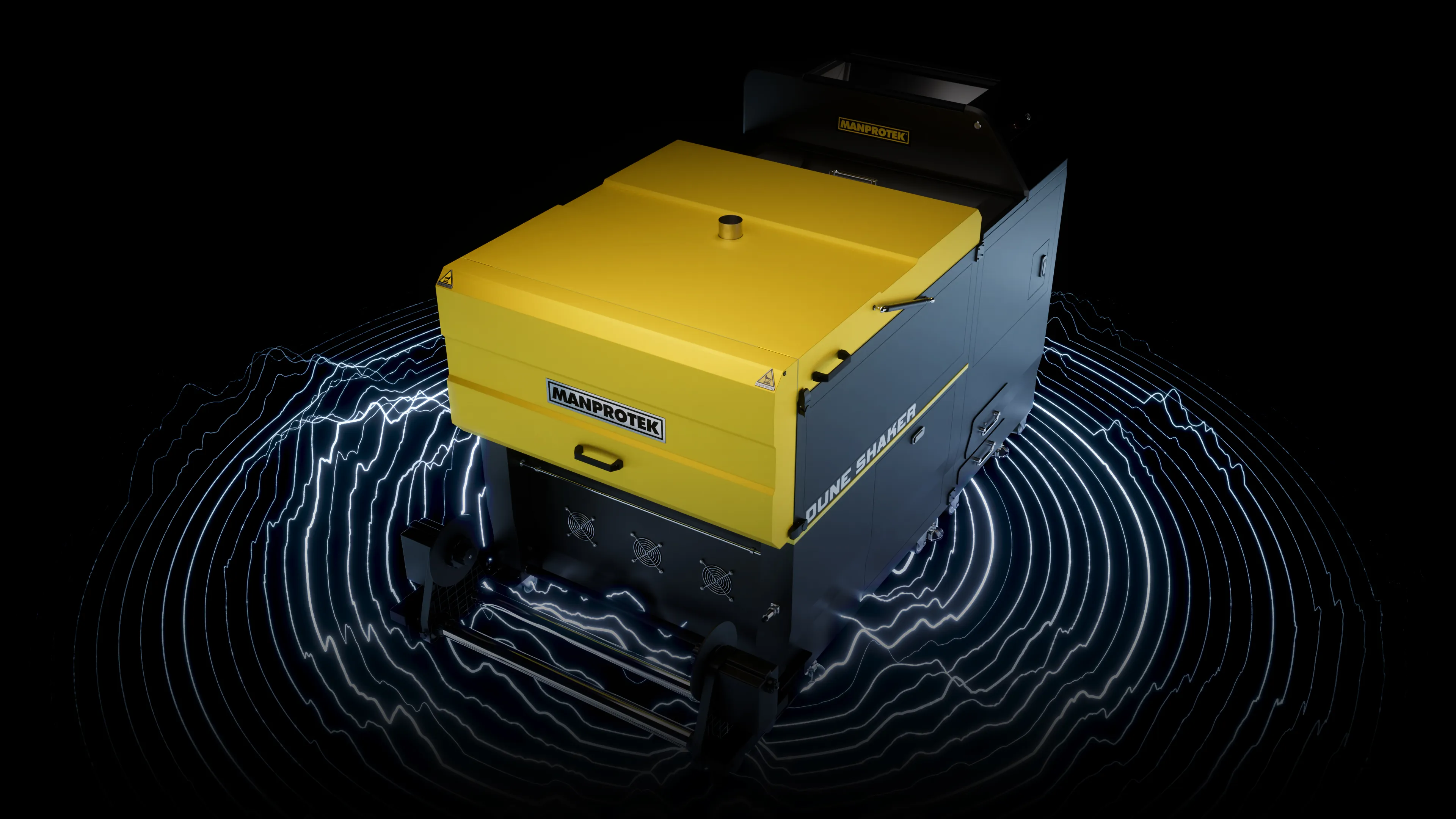 3D render of the Dune X DTF powder shaker surrounded by soundwave graphics, visually representing its precision soundproofing technology that reduces operating noise to 60 decibels, ensuring a quiet, stable, and focused work environment.