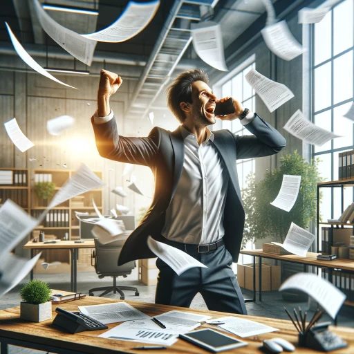 A realistic and dynamic scene in a modern office where a business owner is celebrating while holding a phone. The owner is smiling and looks excited, with papers flying around the office, creating a lively and chaotic atmosphere. The background shows a modern office setting with a desk, computer, and shelves filled with books and documents. The overall mood is joyful and triumphant, capturing a moment of success.