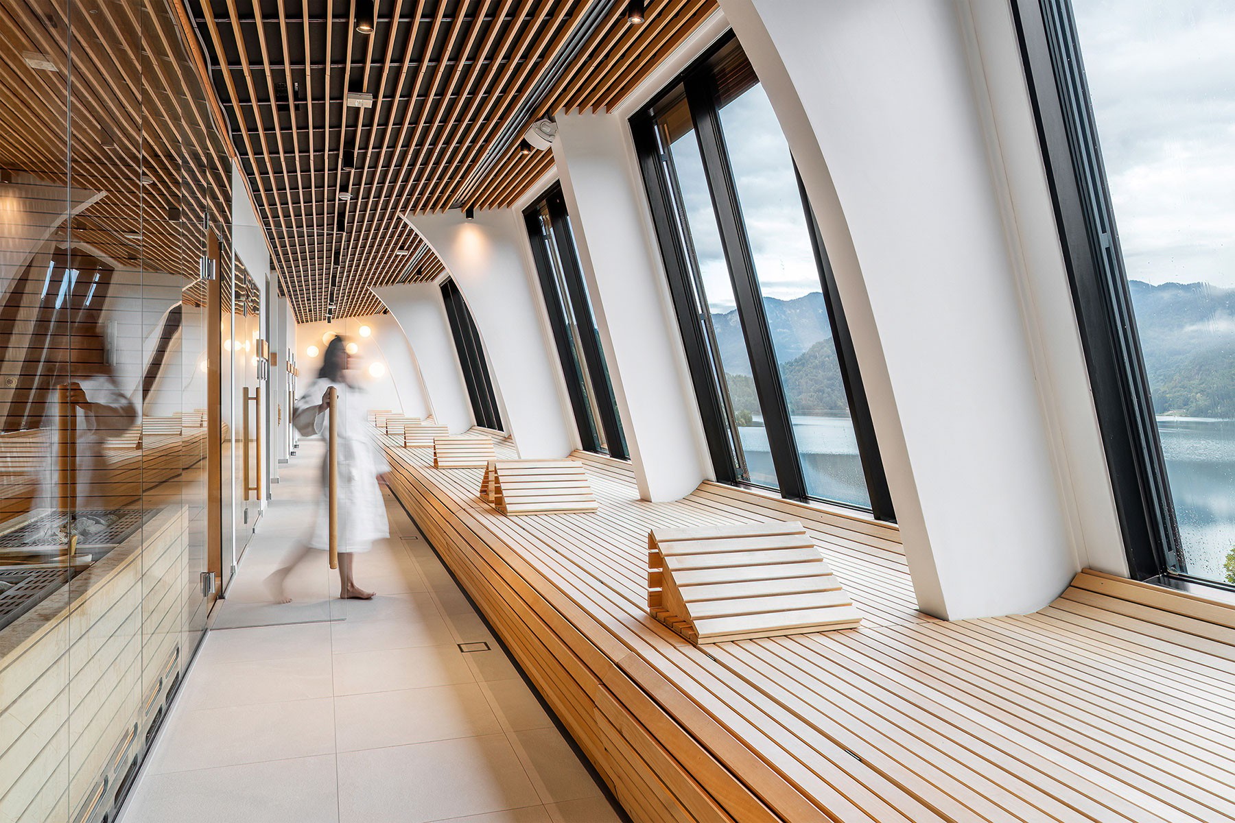 Wellness and sauna area at Hotel Park Bled overlooking the surrounding landscape.