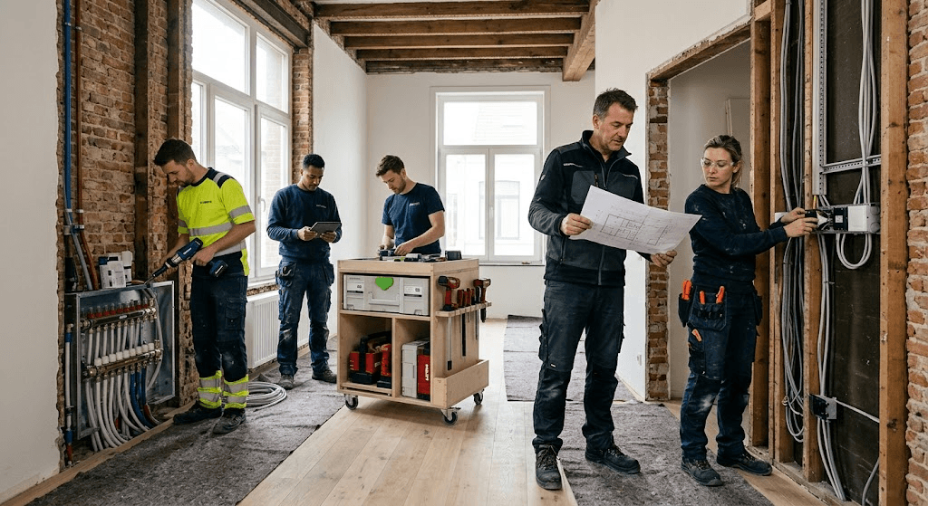 Équipe d'artisans qualifiés intervenant sur un chantier de rénovation résidentielle.