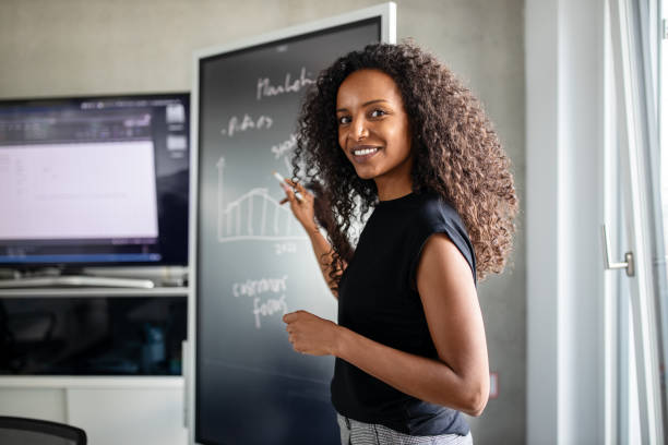 A lady teaching with a black board behind her