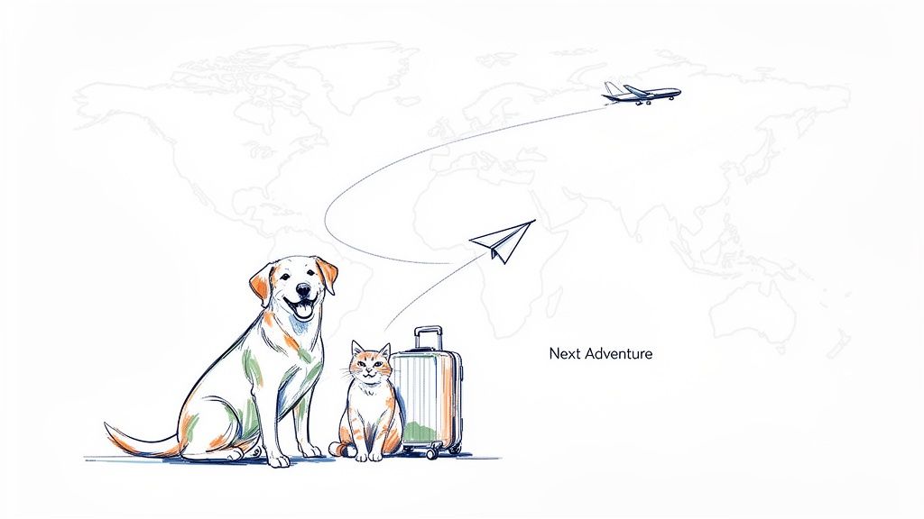 Illustration of a happy dog, a cat, and a suitcase ready for a global adventure by plane.