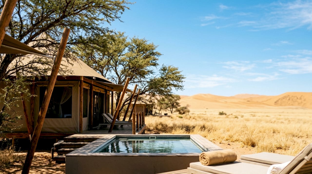 Luxury lodges at dawn in Etosha desert