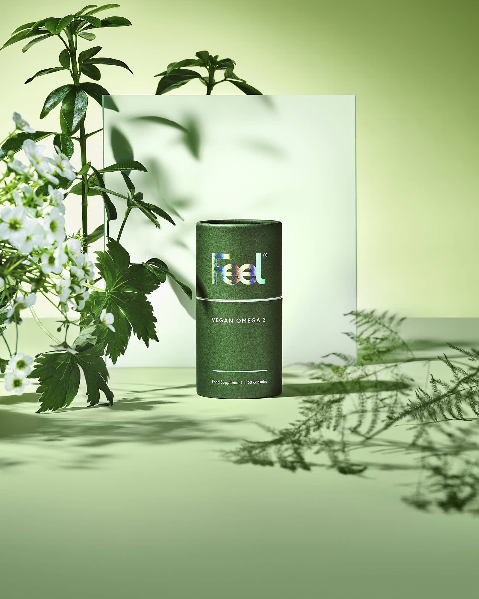 A minimalistic green space featuring a door surrounded by plants, evoking a fresh, natural atmosphere.