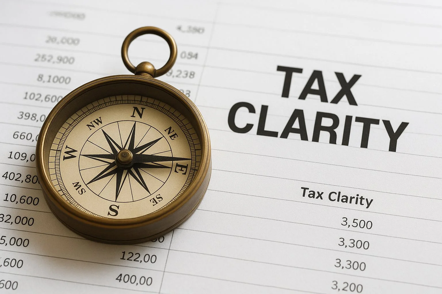 Compass resting on a financial document, symbolically pointing toward tax clarity and financial direction.