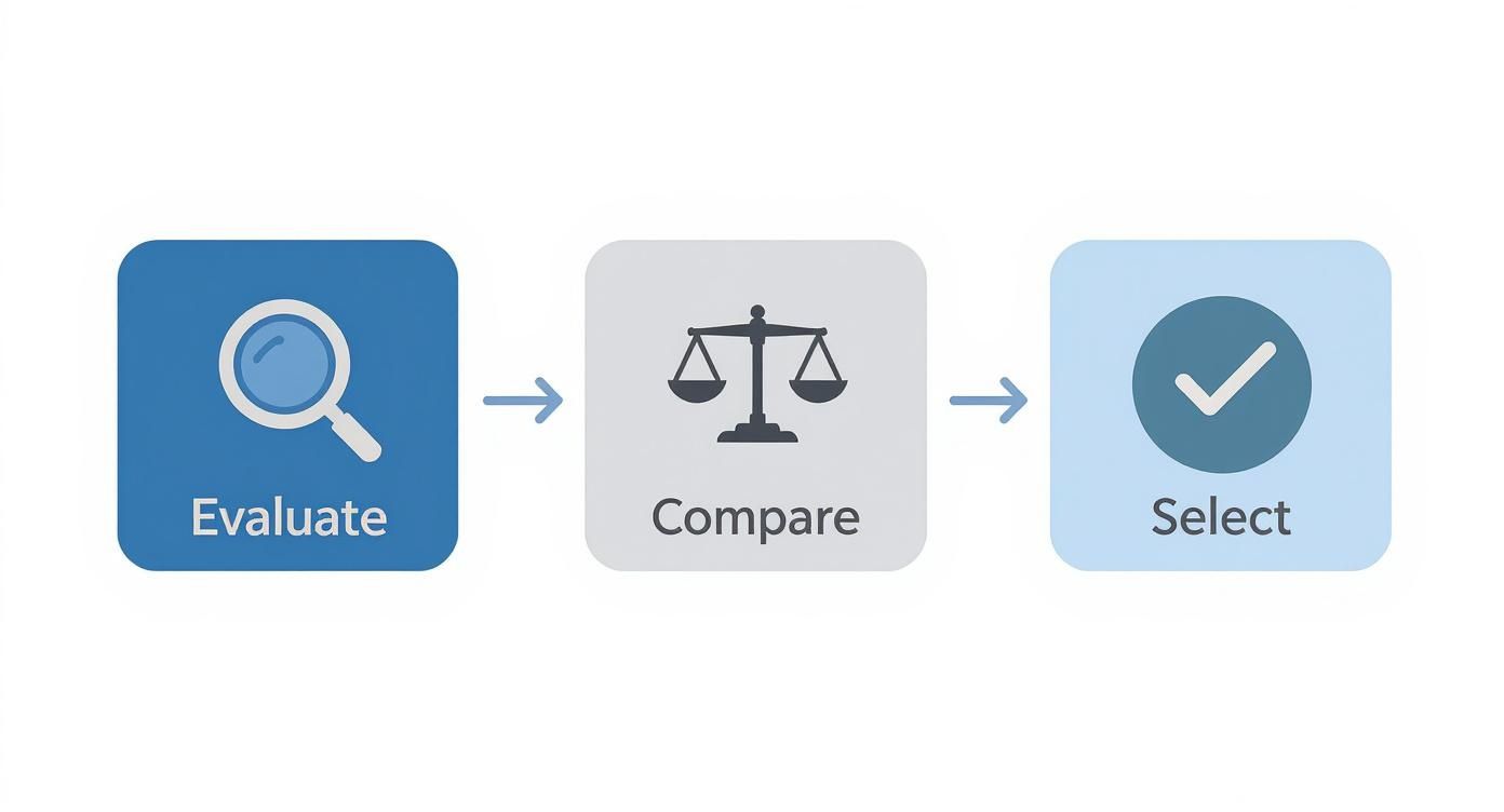 Three-step decision making process showing evaluate, compare, and select stages with icons