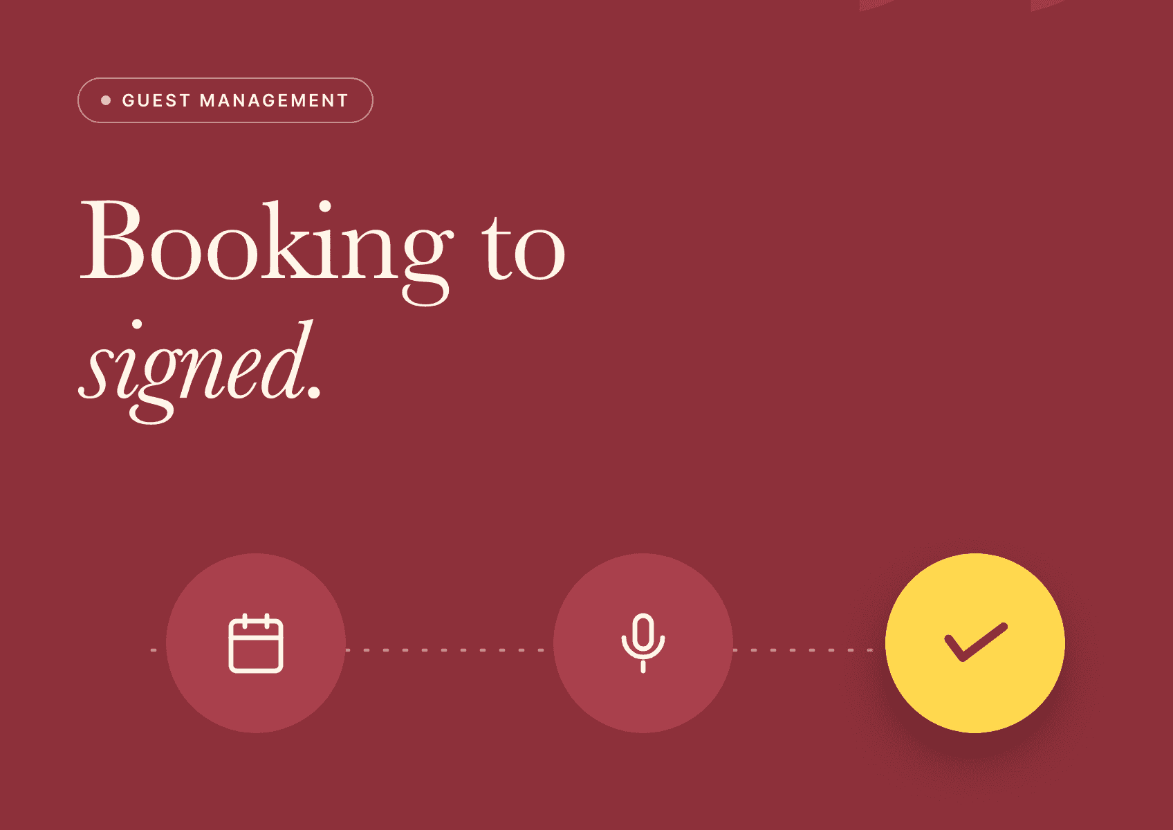 A dotted onboarding path from booking through recording to a stamped yellow seal on a deep rose poster.