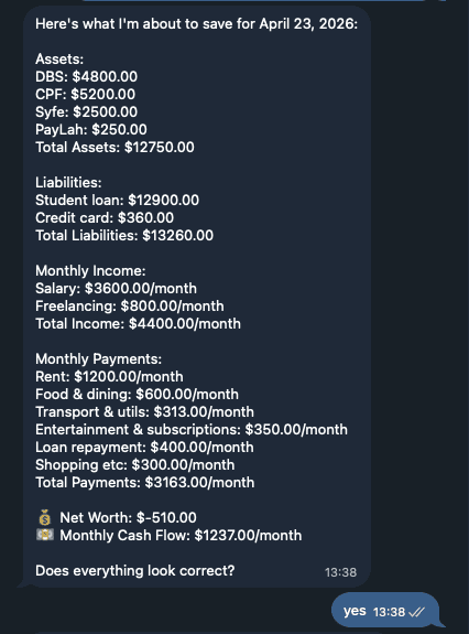 Finance AI agent confirmation step — agent presents a full summary before writing anything to the database