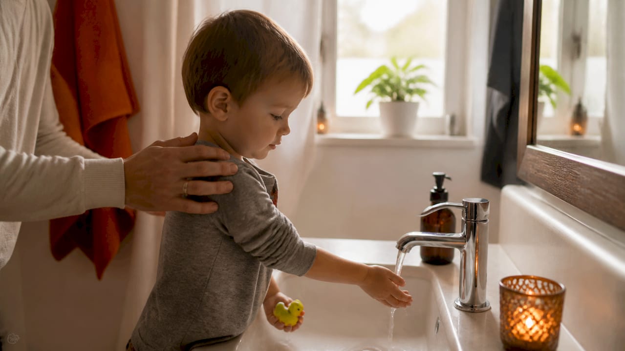 Manos de un adulto y un niño juntas bajo el grifo del baño