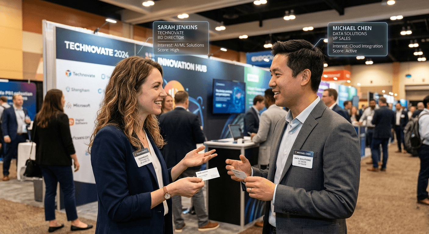 Professionals exchanging business cards at an event with contextual data capture visualization