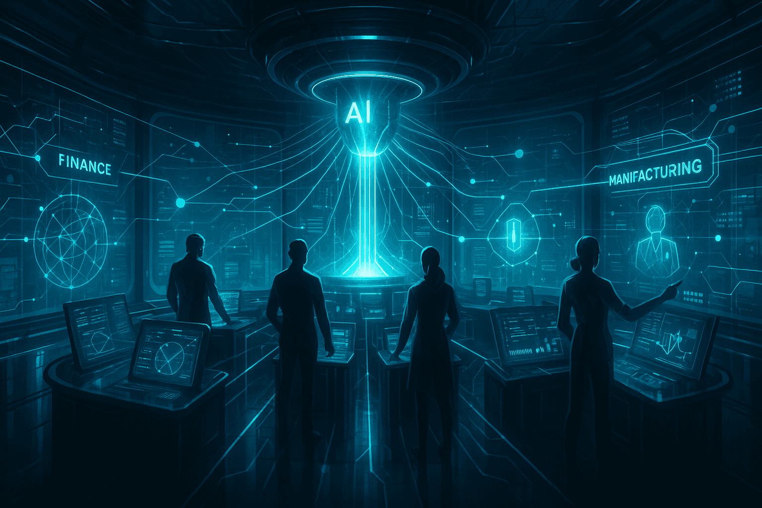 Futuristic AI hub orchestrating real-time integrations across industries, symbolizing agentic AI transforming workflows and productivity.