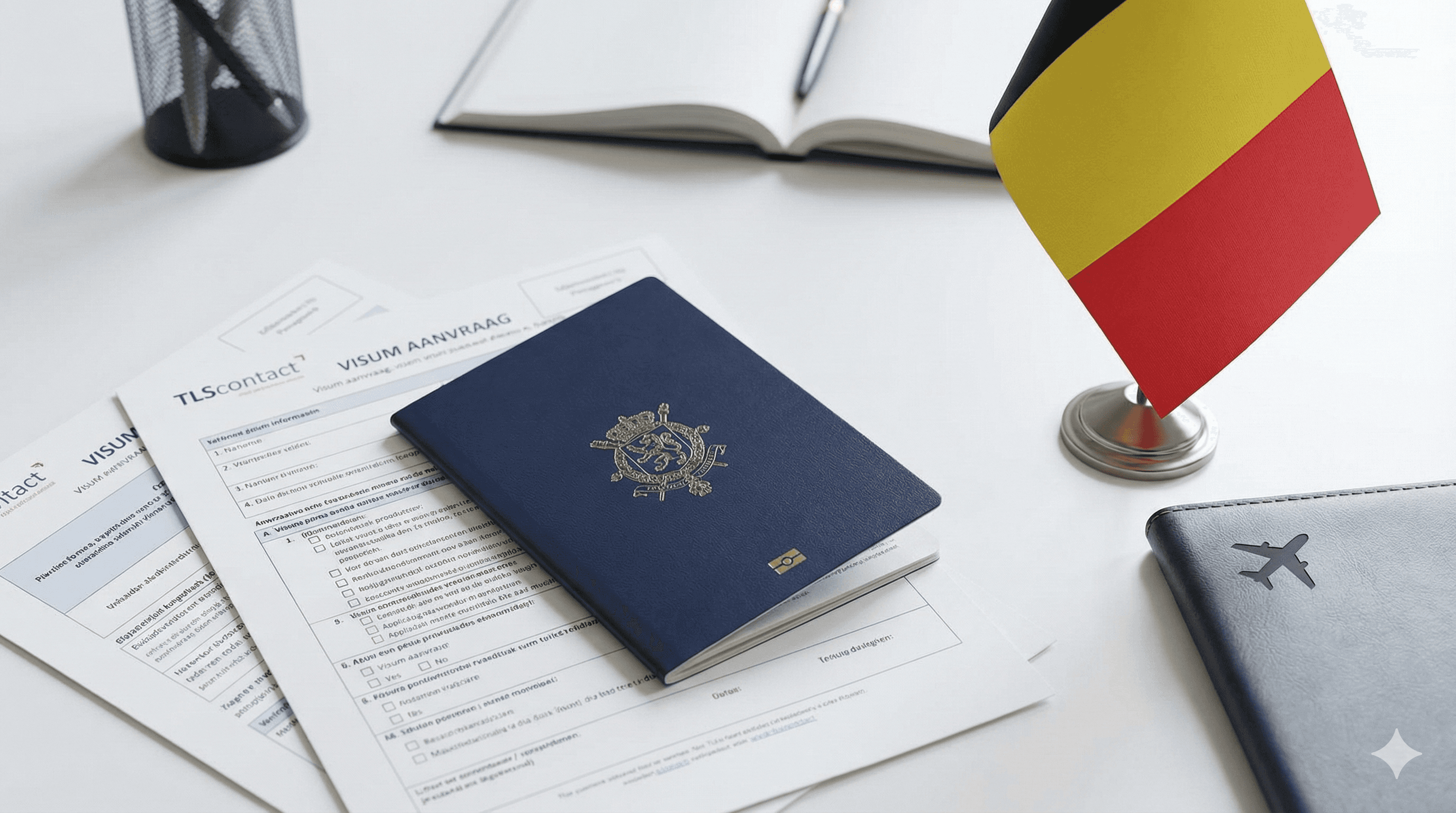 Belgian flag, passport, and visa documents on desk - Belgium Schengen visa requirements for UK residents