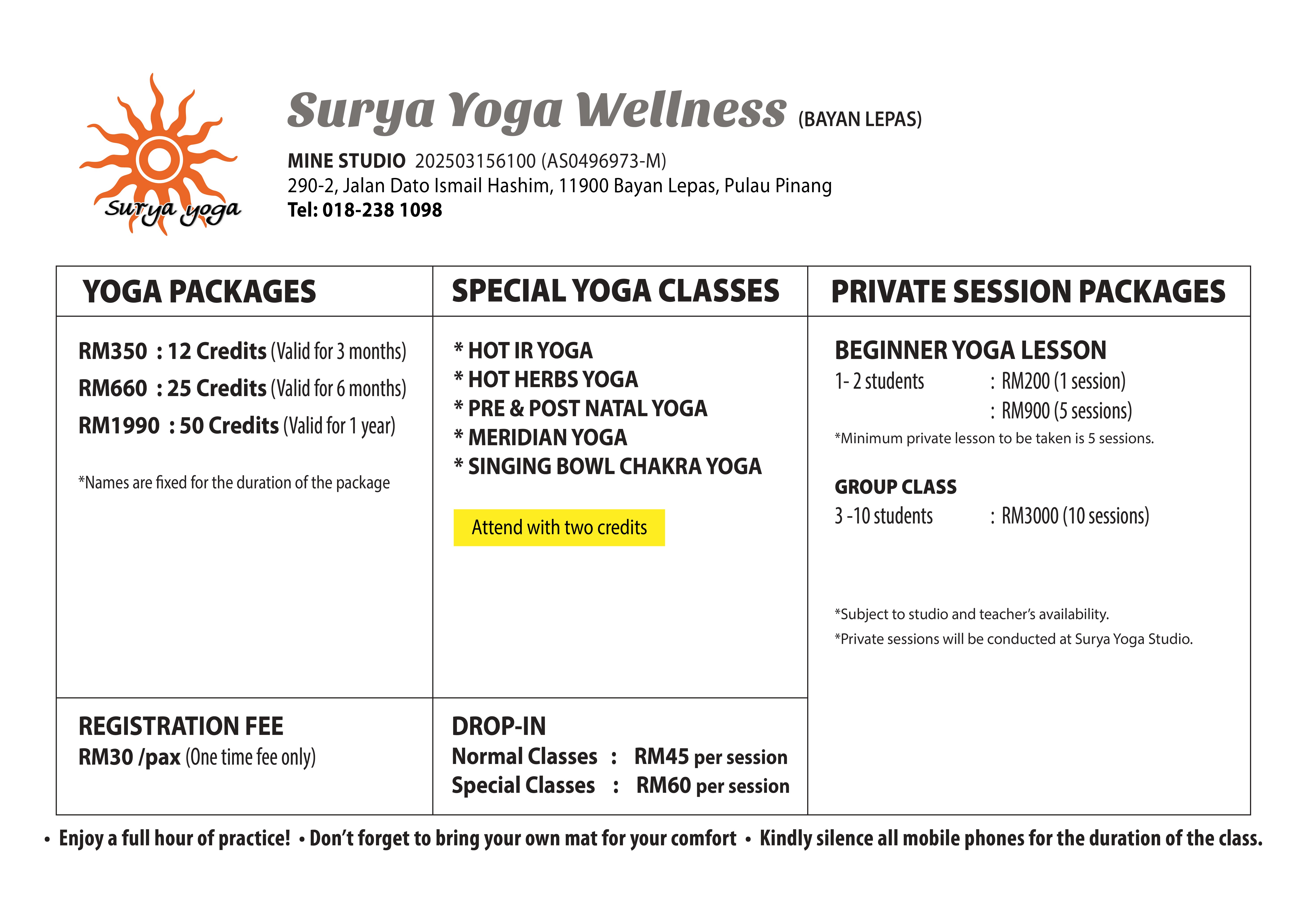 Studio Surya Yoga Wellness Bayan Lepas Pricing