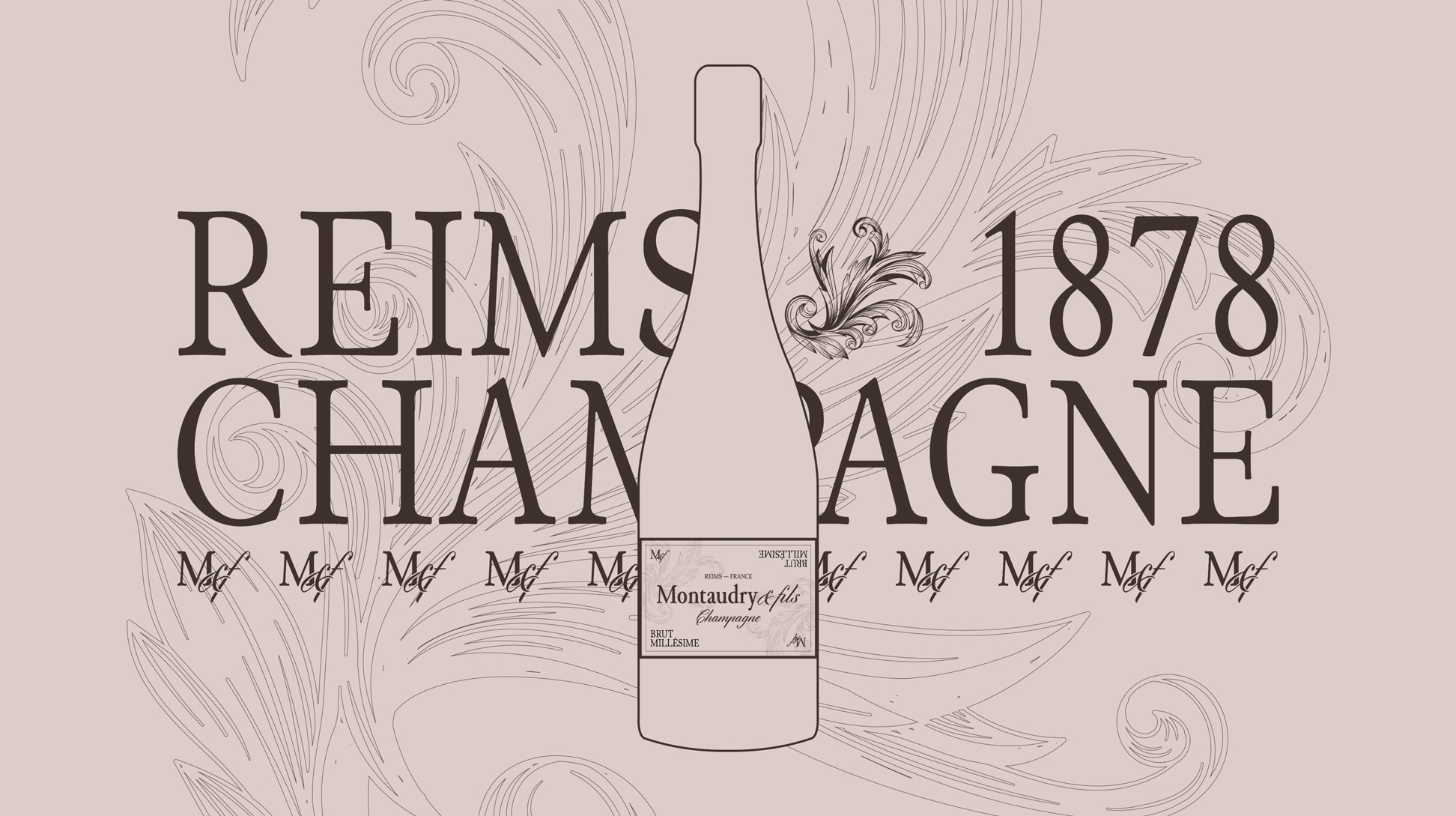 Reims 1878 Champagne + ornements + illustration d'une bouteille de la cuvée Brut Millésime.