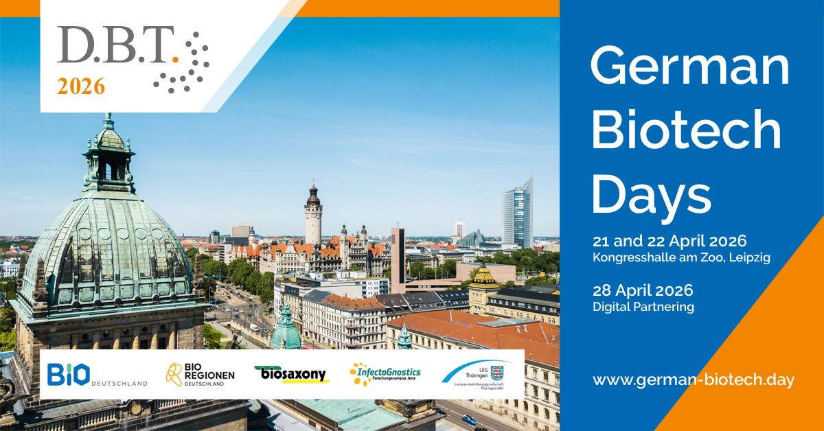German Biotech Days infos on a colorfull poster with picture of the city Lepzig