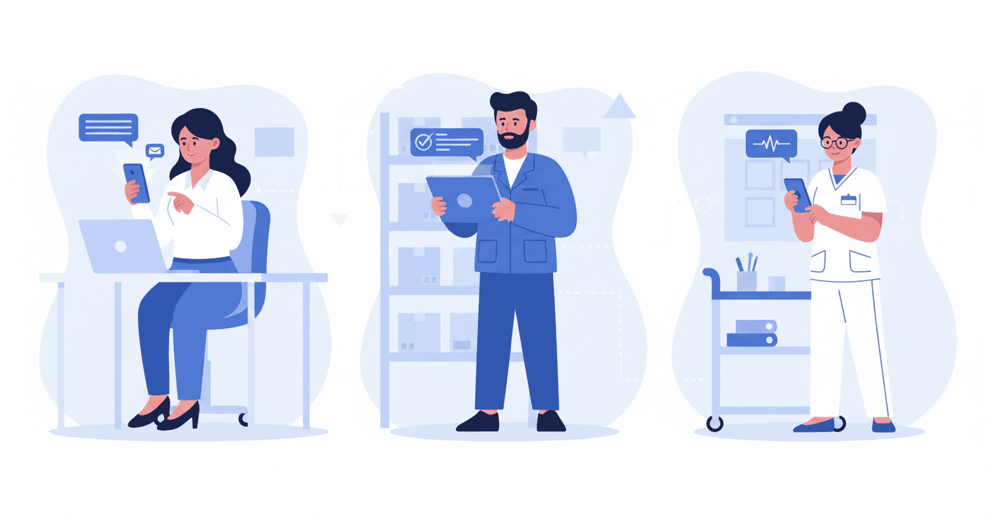 Modern workplace showing diverse employees engaged with their mobile devices in different work environments - an office worker at a desk checking a phone notification, a warehouse worker with a tablet, a healthcare professional looking at a mobile device. Clean, professional illustration style with bright lighting, showing seamless integration of mobile learning into daily work activities. Multiple communication channels visualized through device screens showing chat interfaces and message notifications. Blue and white color palette, minimalist and modern design aesthetic.