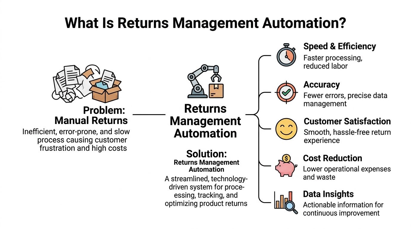 A diagram explaining how returns management automation solves manual, inefficient return processes to improve business operations.