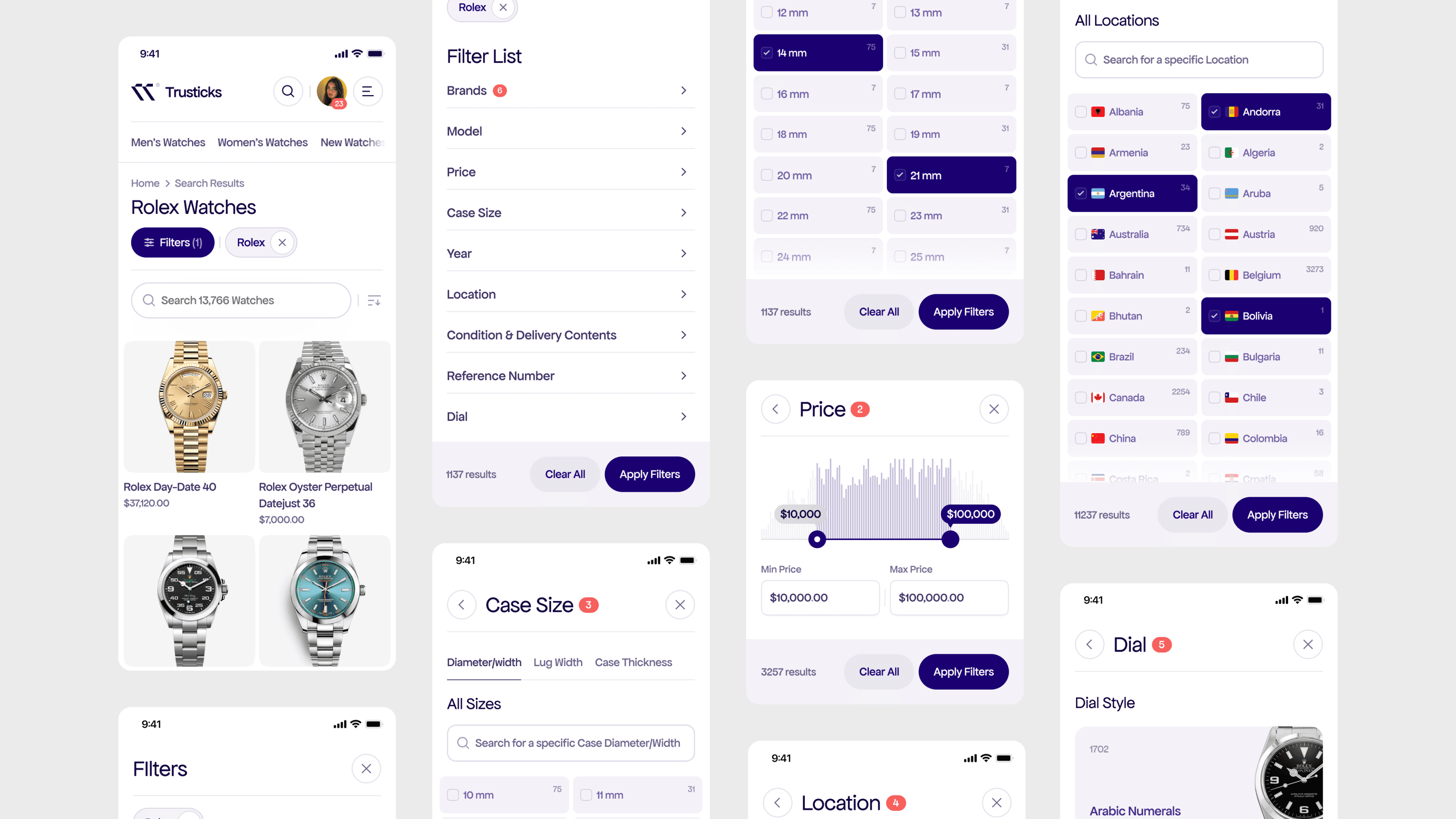 trusticks search and filters mobile screen designs