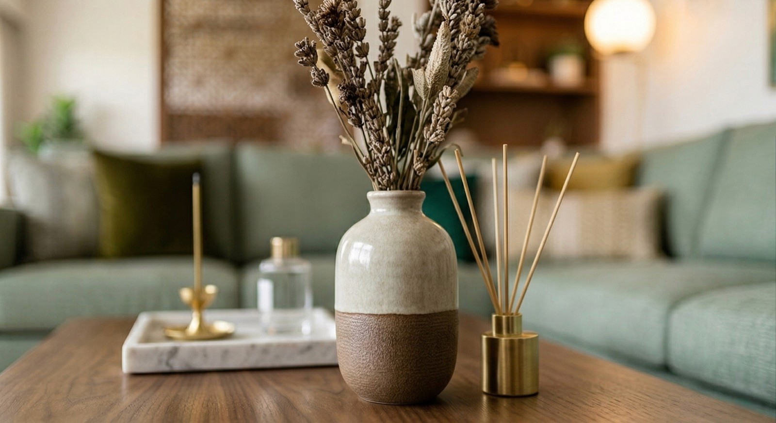 Vintage-modern living room with tufted sofas, false ceiling, and layered warm lighting.