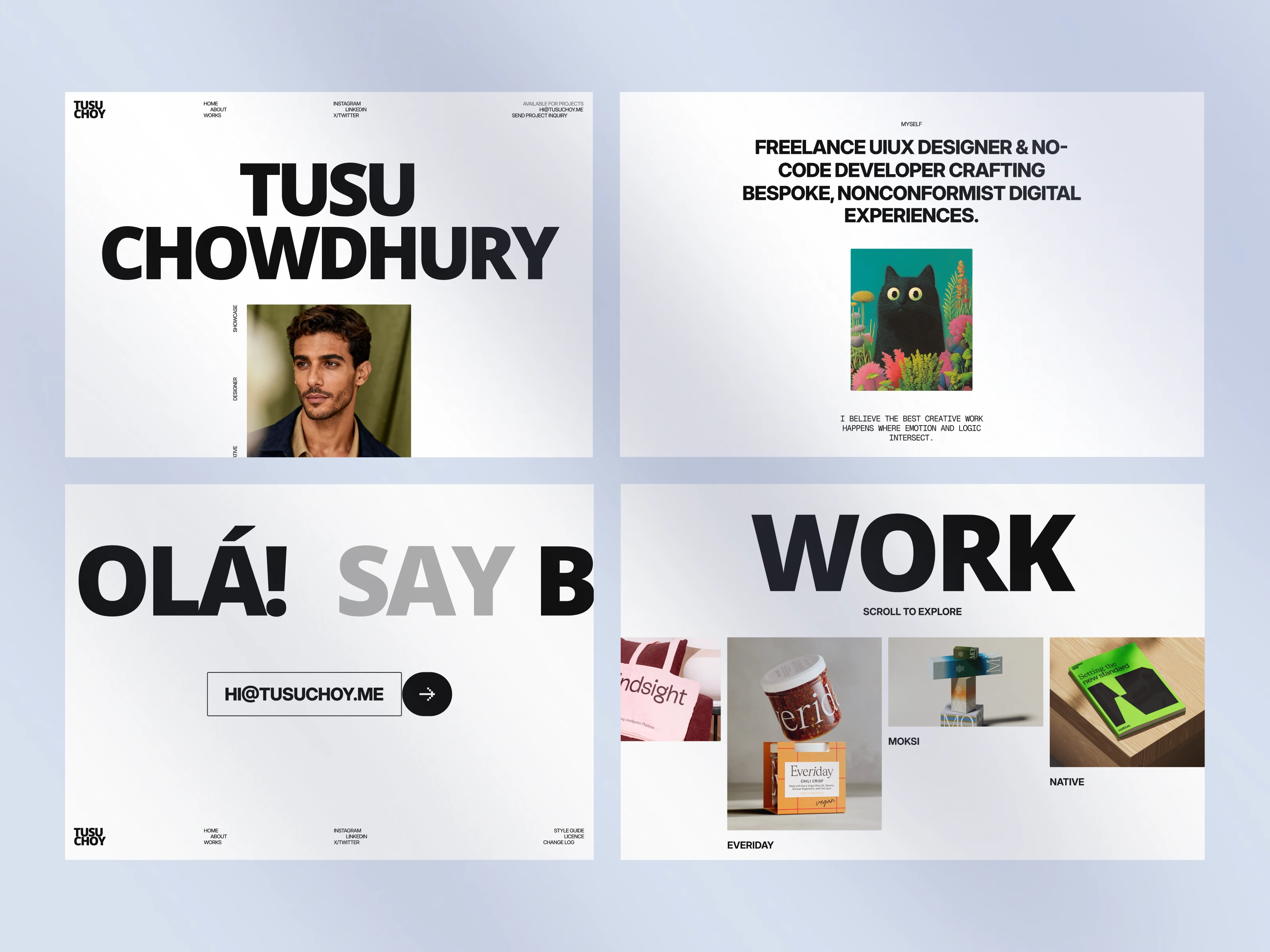 Tusu Chowdhury's freelance UI/UX designer portfolio website showcasing hero, about, contact, and work sections