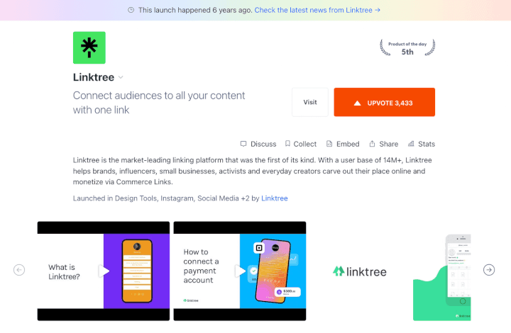 Linktree’s Product Hunt feature, way back in 2016