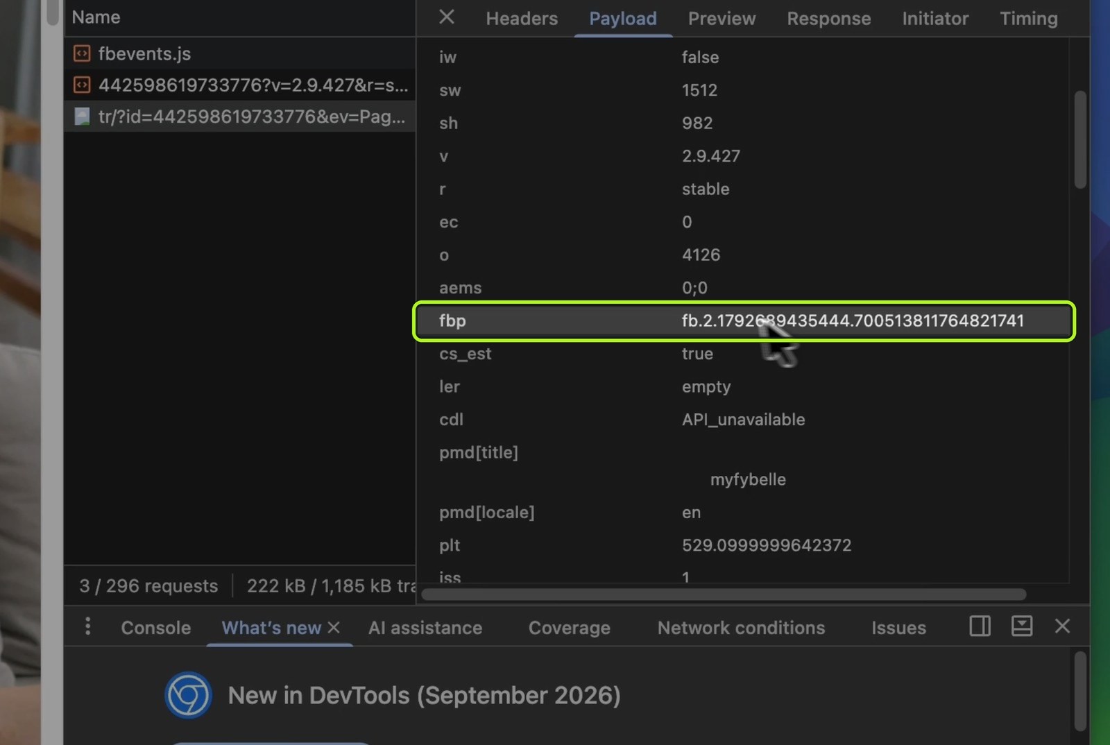 The fbp browser ID inside the Meta Pixel request payload