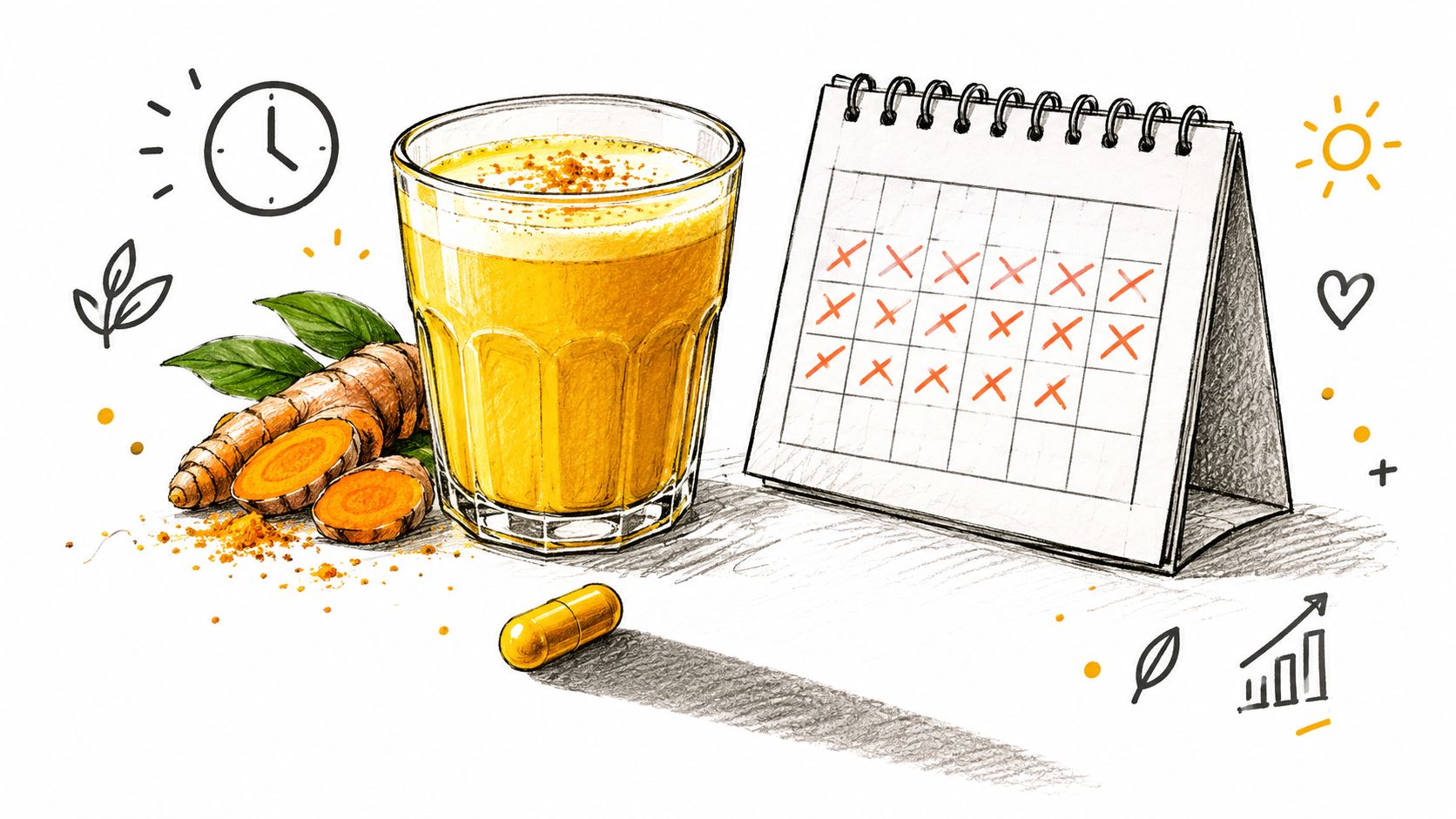 A glass of turmeric milk, fresh turmeric root, a capsule, and a calendar marked with red crosses.