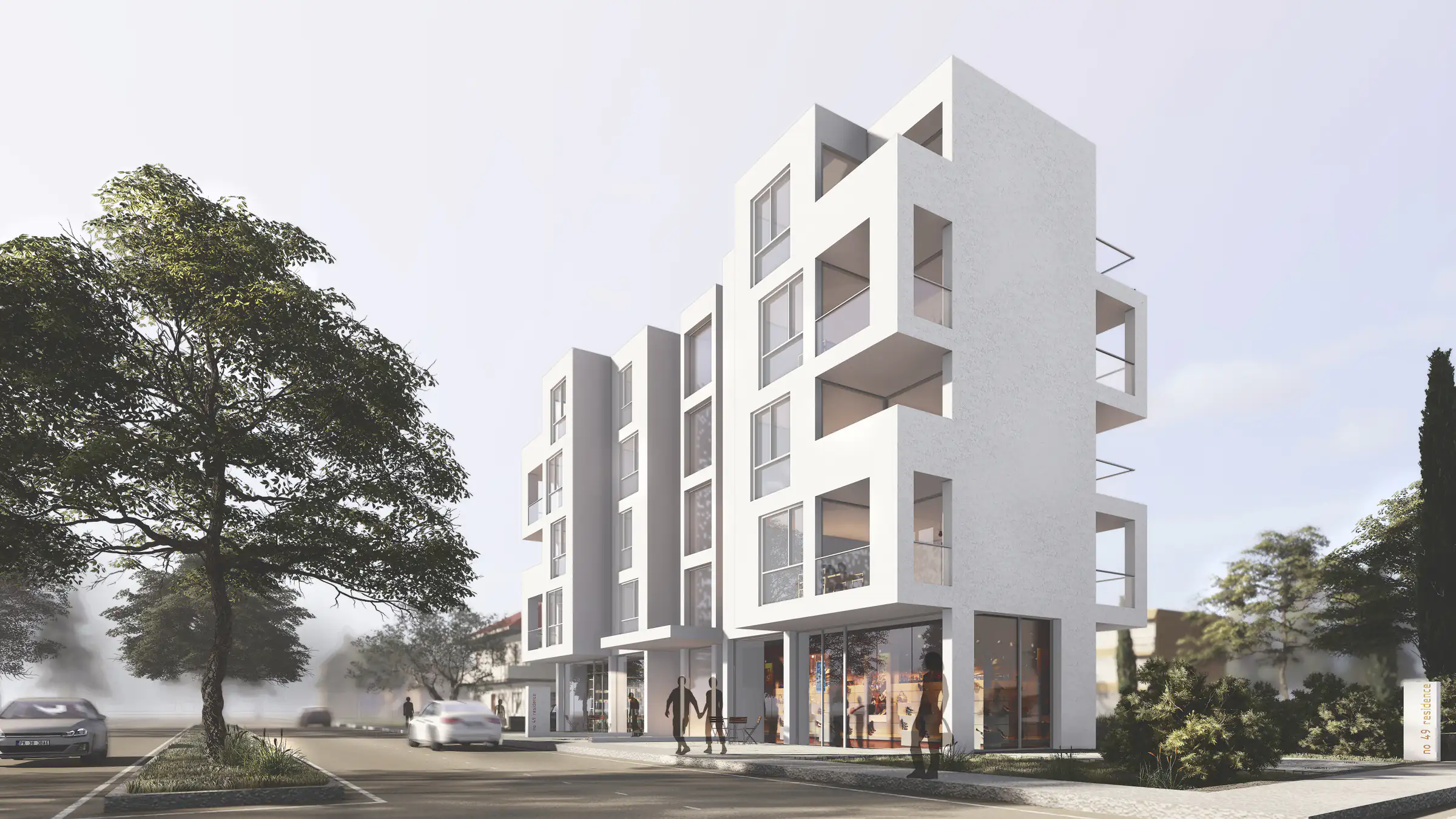 Street-corner rendering of the white apartment building with ground-floor shops and a tree in the foreground