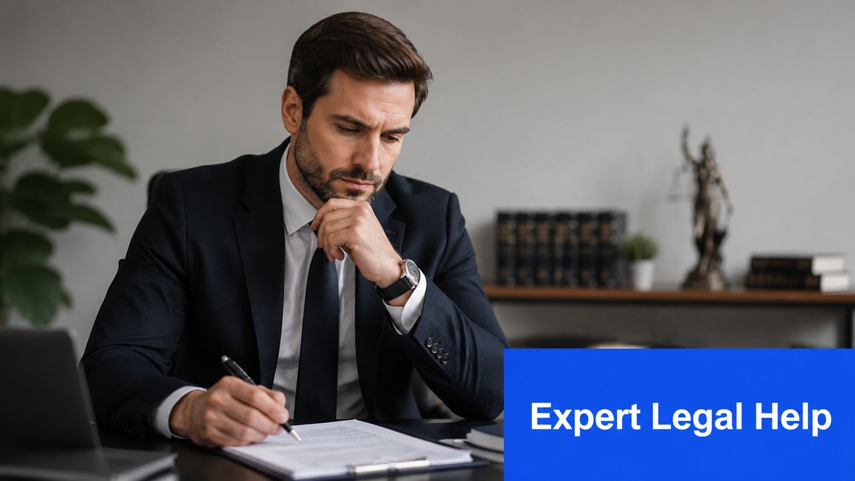 A professional male attorney sitting at his desk, reviewing legal documents with a focused expression.