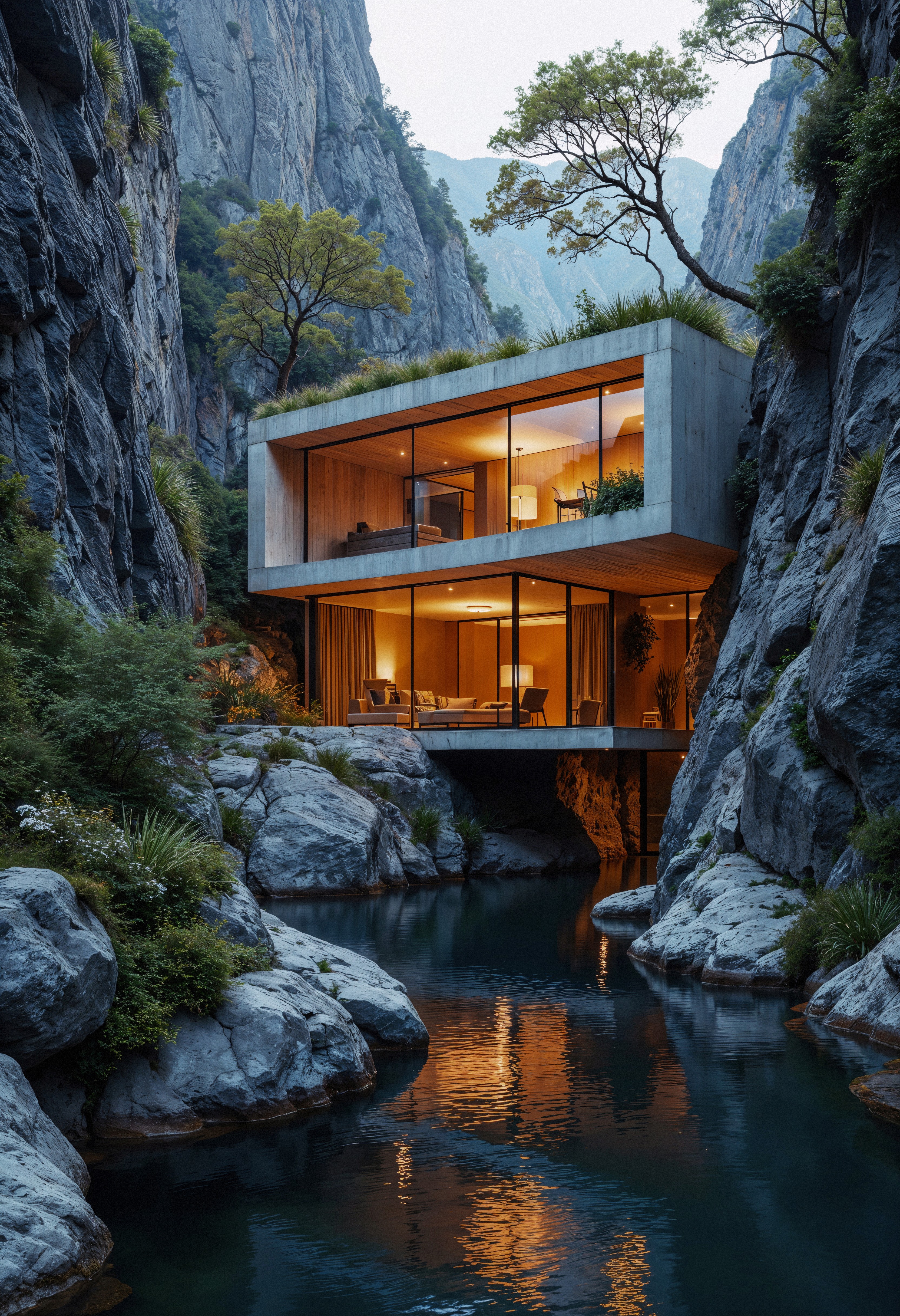 Modern house nestled between rocky cliffs, overlooking a serene river. Warm interior lights contrast with the cool, natural surroundings, creating a tranquil atmosphere.