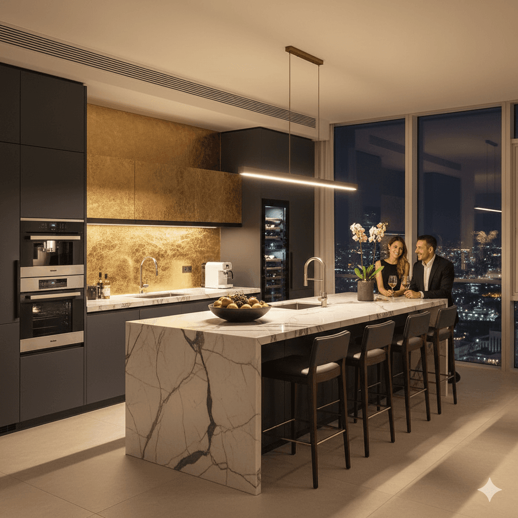 Luxury modular kitchen with marble island and high-end European fittings