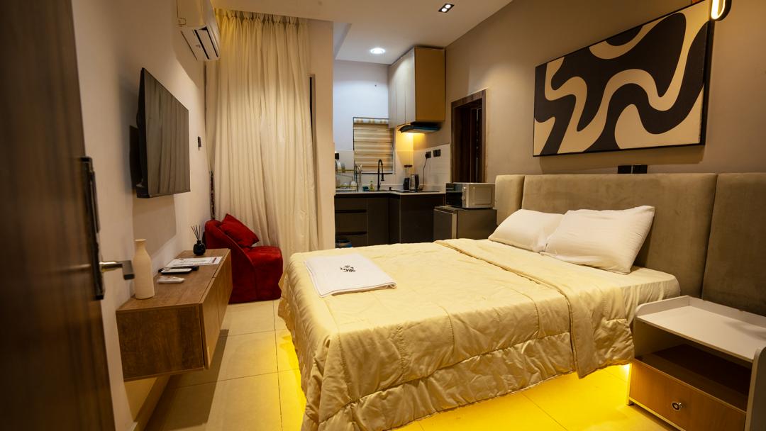 Stylish living area at Urban Suites, serviced shortlet apartment in Surulere, Lagos
