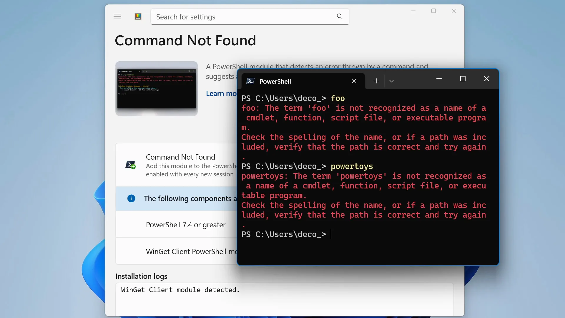 Command Not Found suggesting a winget install in PowerShell