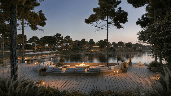 Lakeside timber deck with curved built-in seating around a fire pit at dusk, surrounded by pine trees