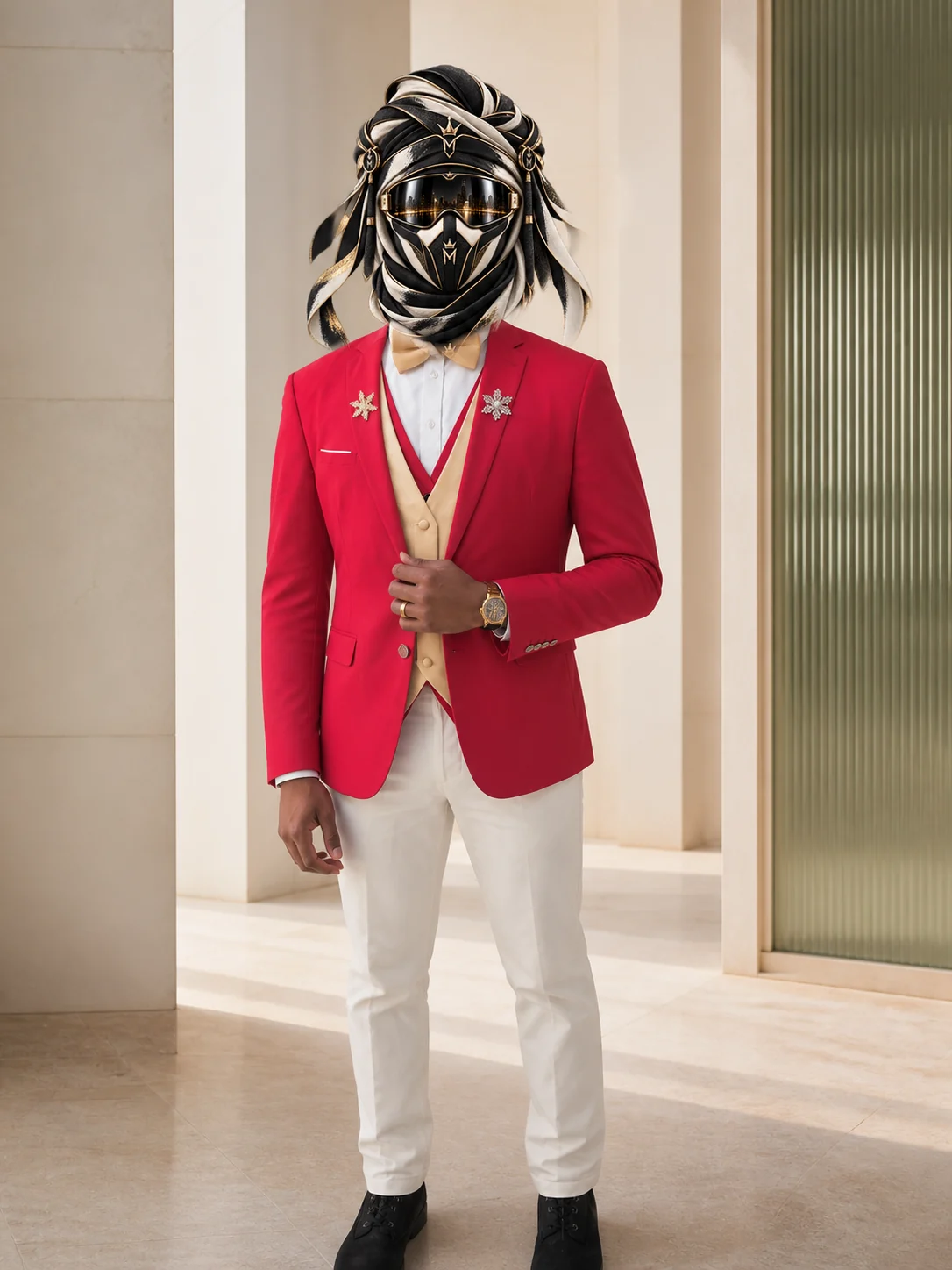 Full-length view of Red, Cream, White, a red blazer worn with a cream waistcoat, white trousers and a gold bow tie, with the official Marzelest face covering.