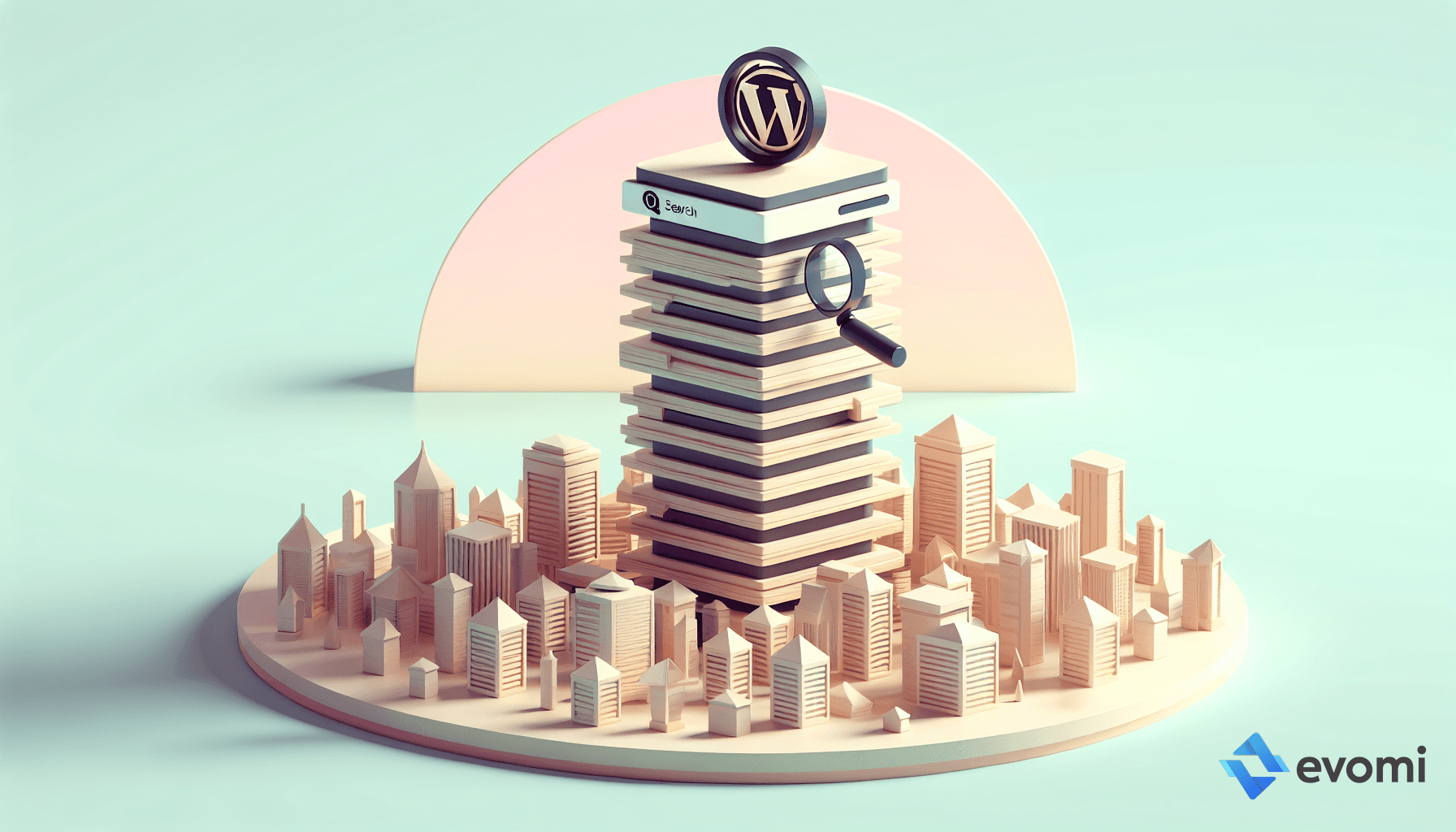 tylized cityscape with a tall stack of books in the center, topped with a WordPress logo and a magnifying glass.