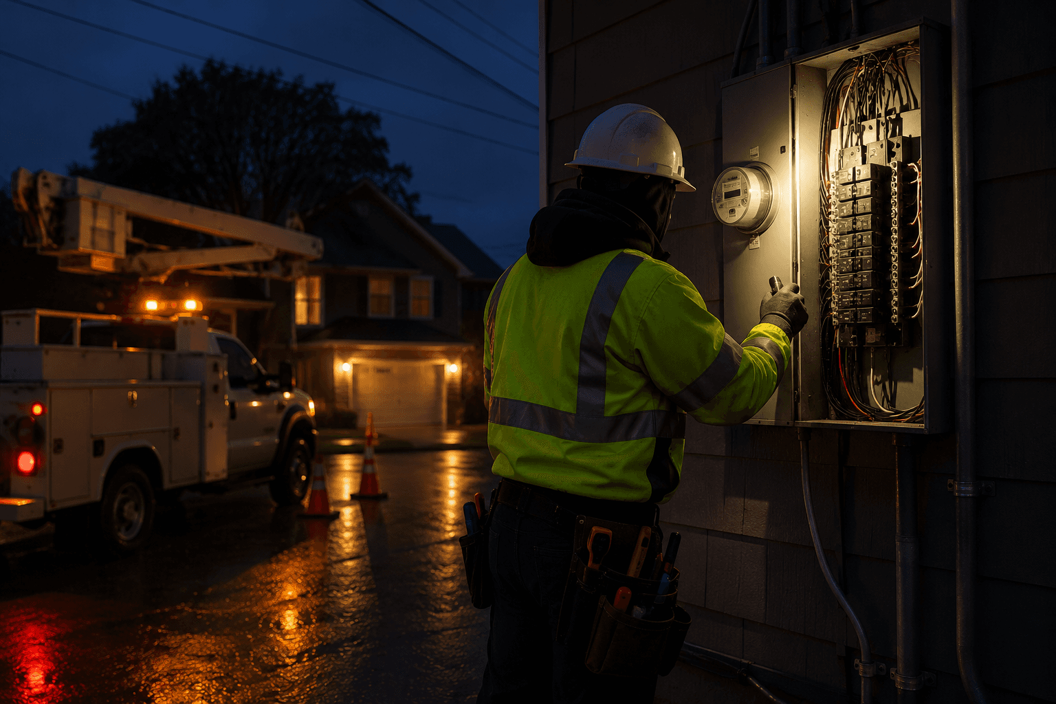 An emergency electrician at LT Electric checking a breaker box
