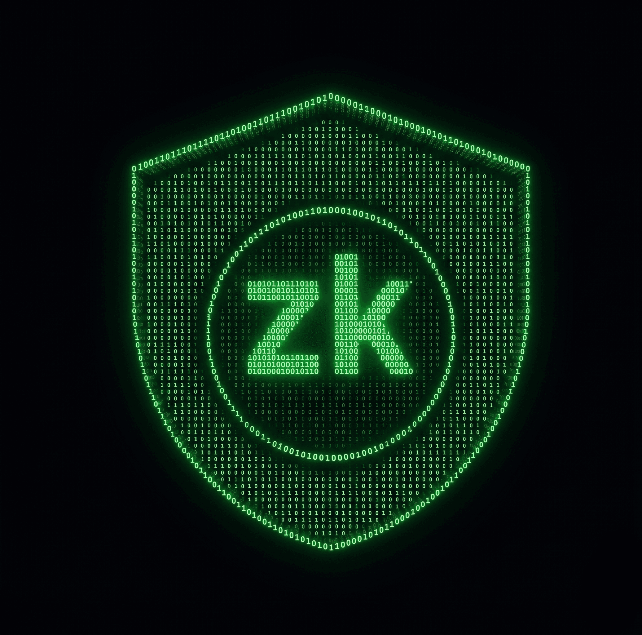 ZK shield rendered in dot matrix.