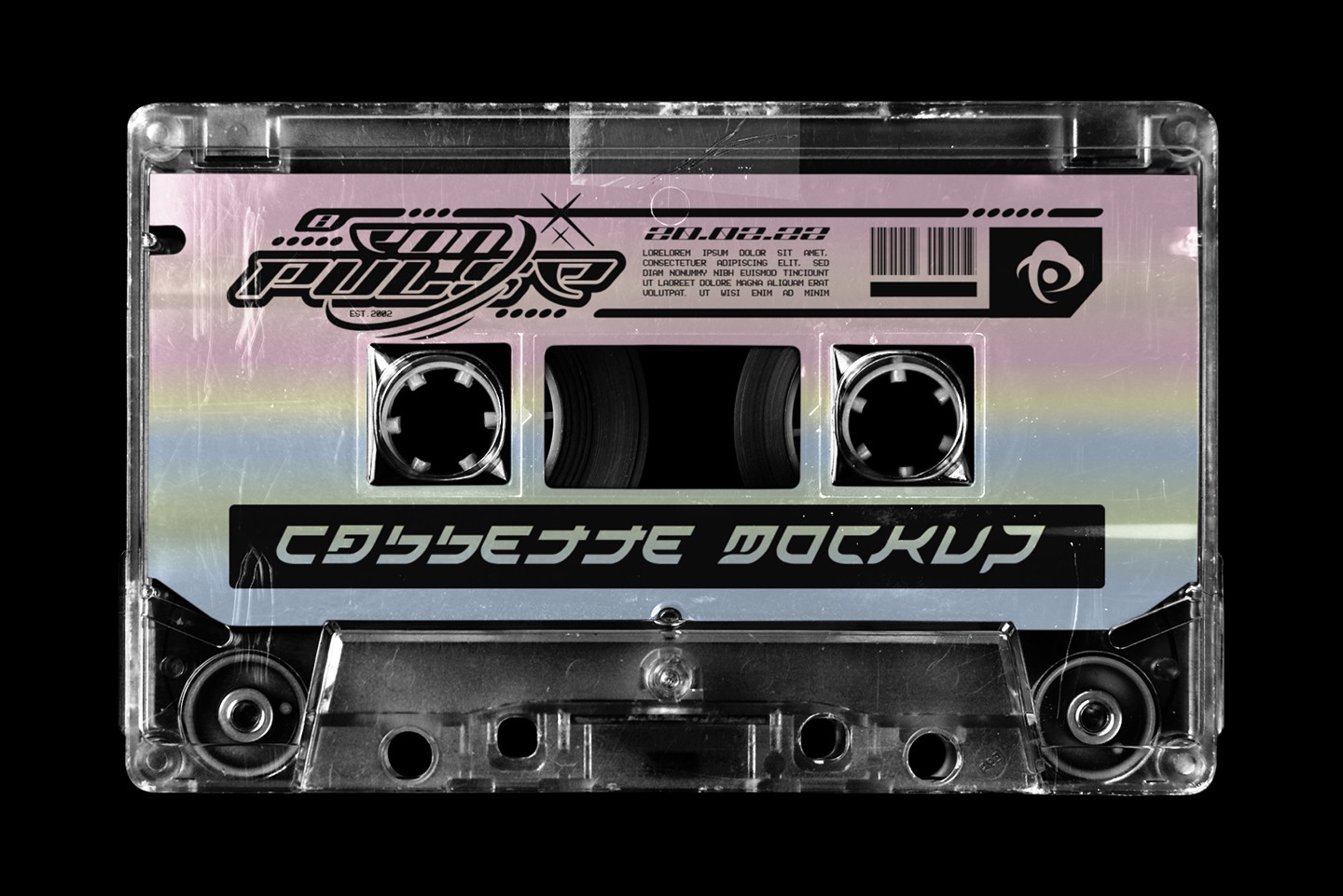 Retro Cassette Tape Mockup showcasing experimental pink and blue gradient artwork on a vintage tape