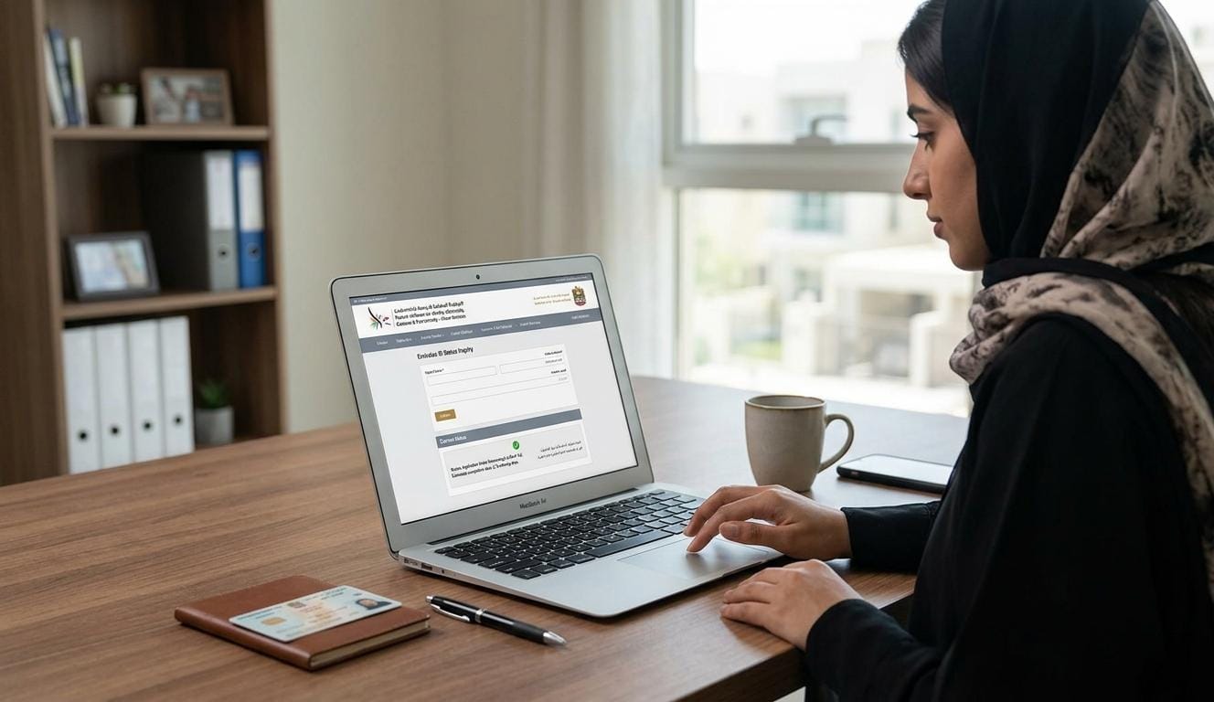 Woman in hijab checking her Emirates ID status via the ICA portal.