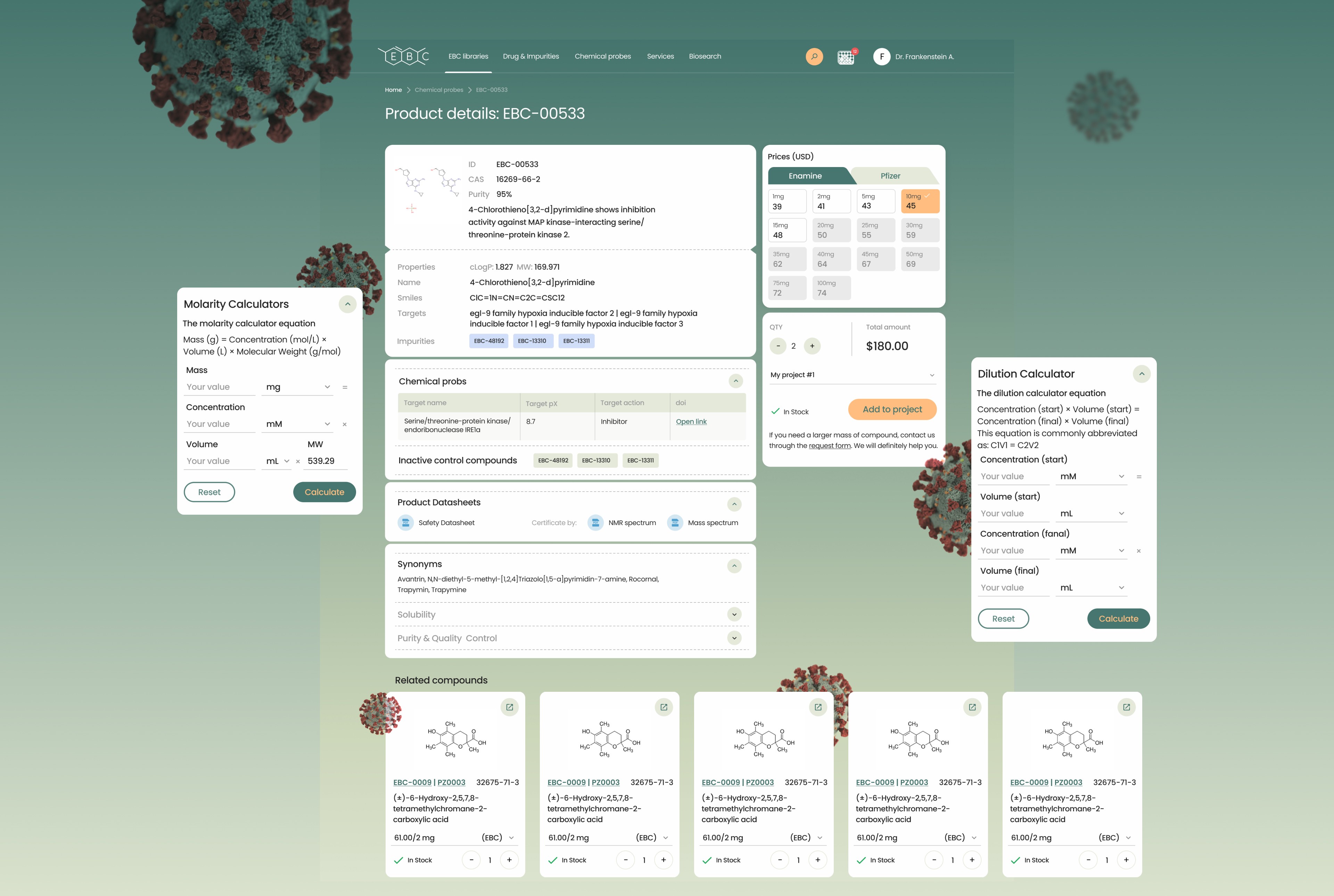 Product detail page displaying molecular properties, bioactivity data, and supplier info.