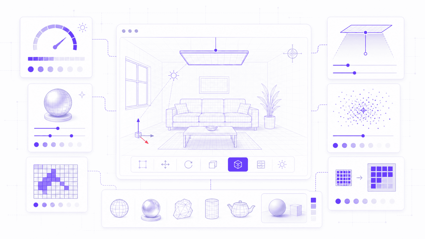 Godot 4.7 rendering illustration showing a 3D room scene with area lighting, HDR controls, particles, and material previews