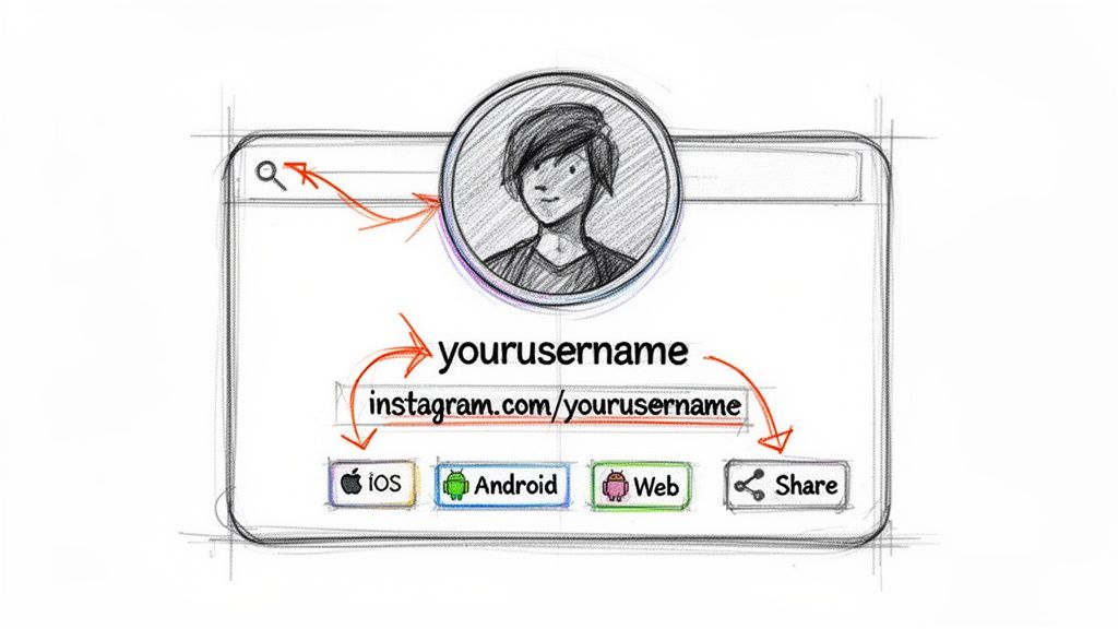 Sketch of an Instagram profile displaying username, URL, and download/share options for various platforms.