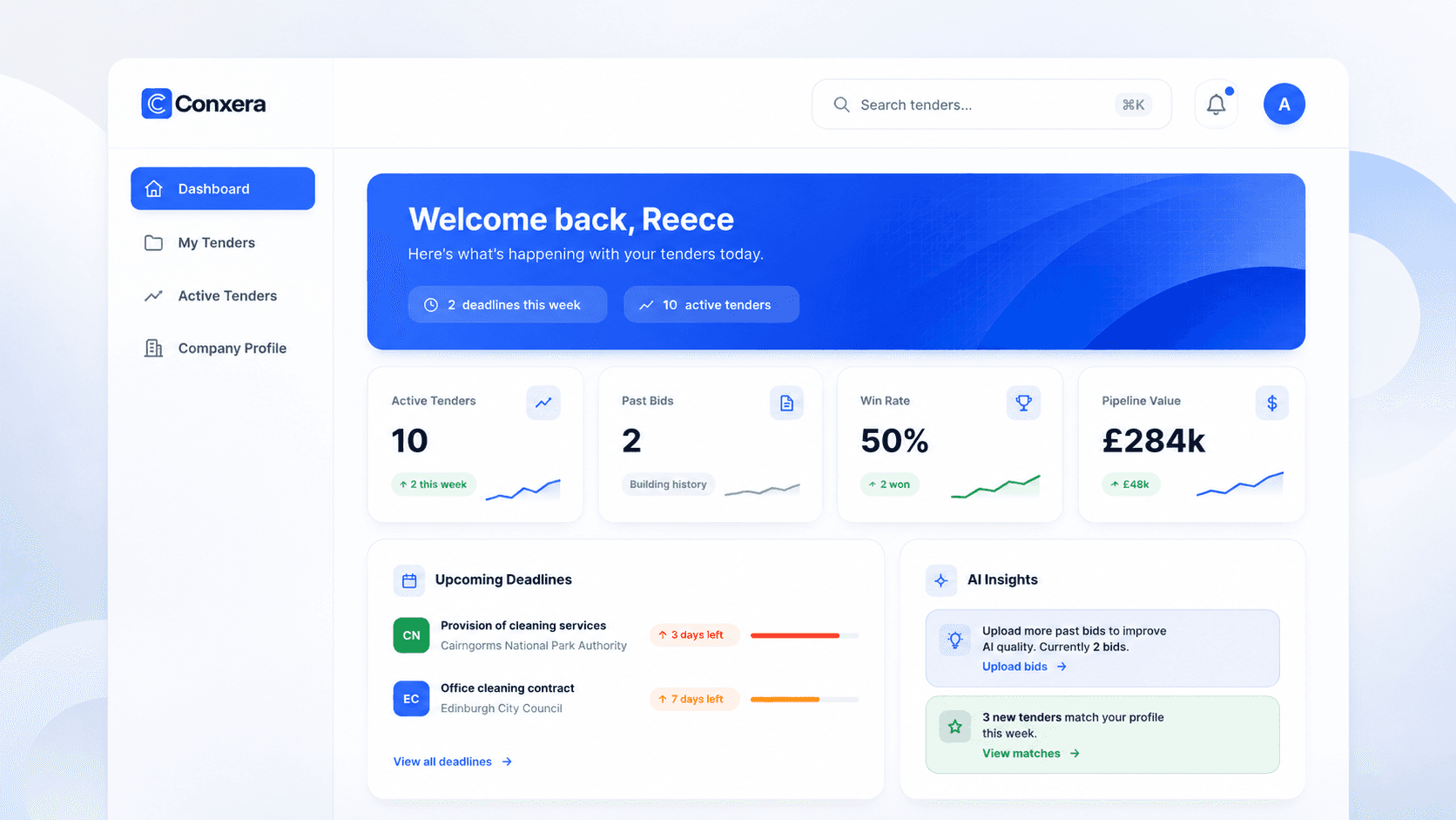 Conxera dashboard showing tender submissions, deadlines, quick actions and AI insights