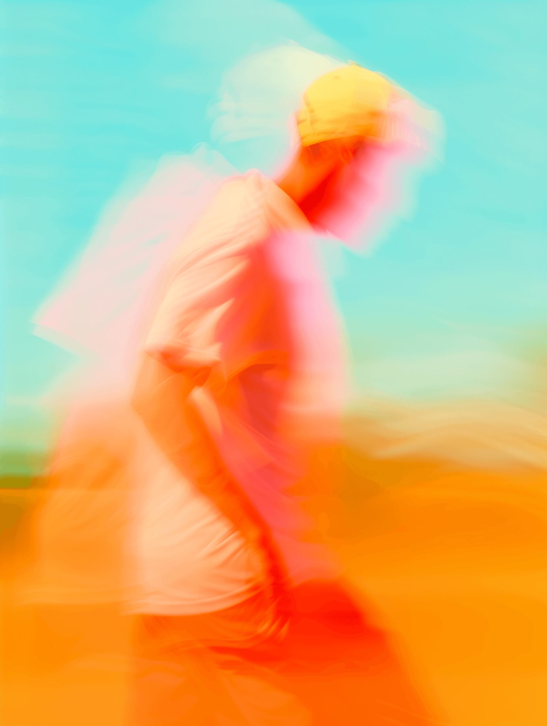 Performer in motion surrounded by warm orange and red light, dynamic blur effect.