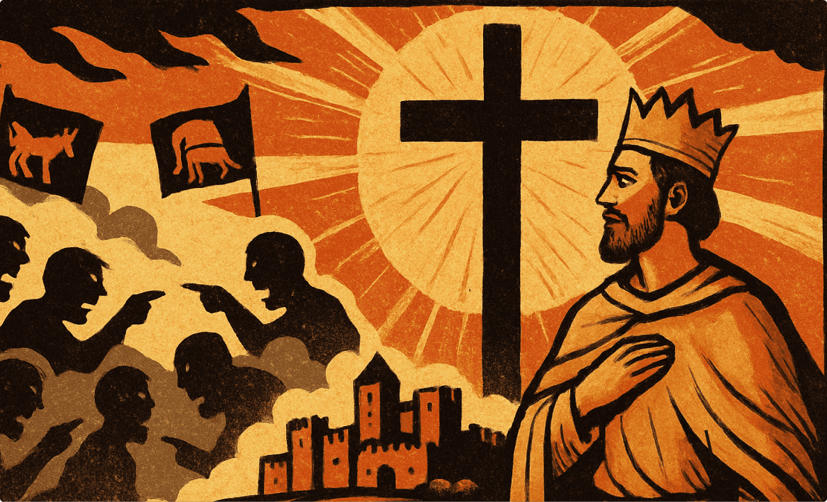 King with a cross and castle in backdrop