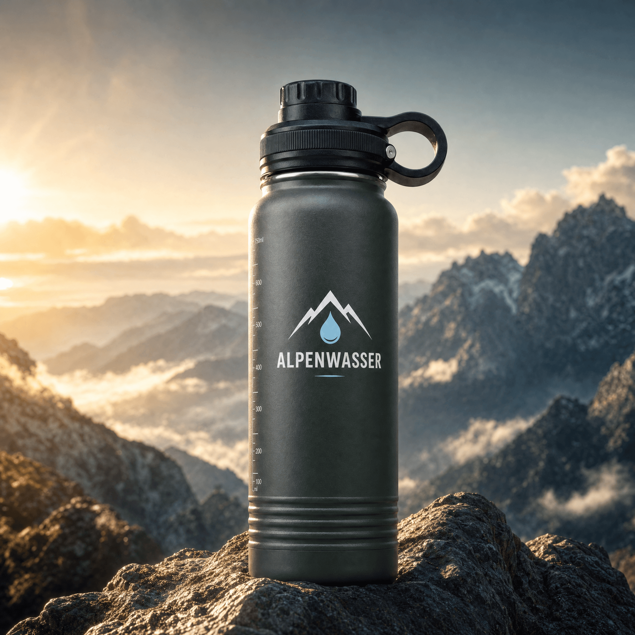 ALPENWASSER-Flasche vor alpiner Bergkulisse – KI-Inszenierung