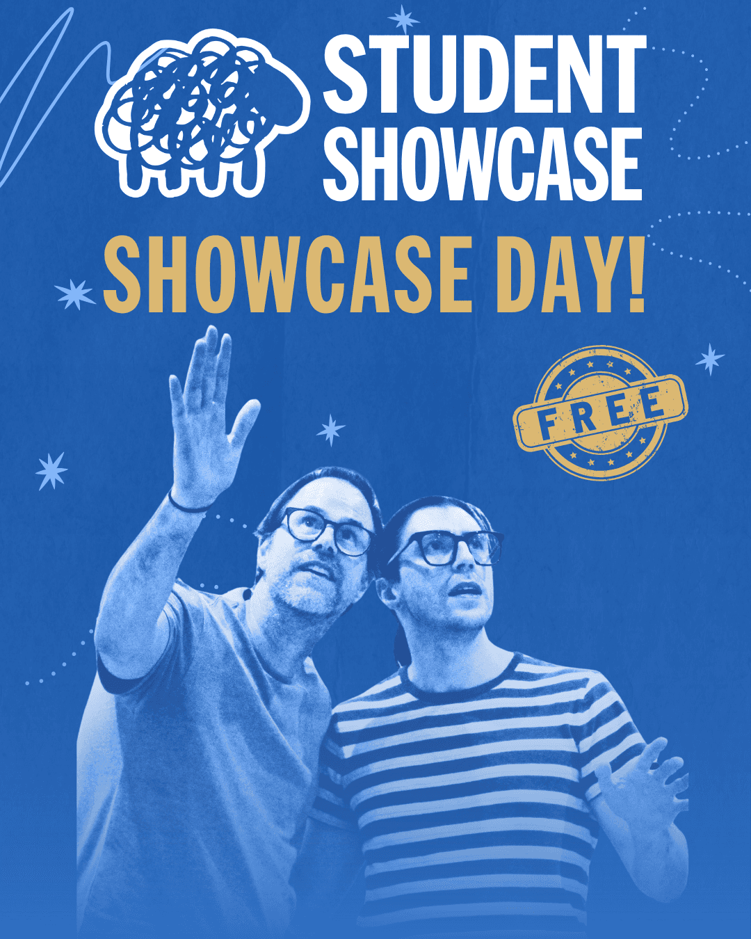 Two students having fun performing on a poster advertising Black Sheep Comedy's free student showcase day.